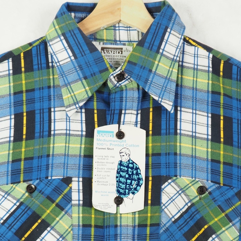 VTG Montgomery Ward Mens Flannel Shirt L Blue Green Plaid Deadstock 70s NWT